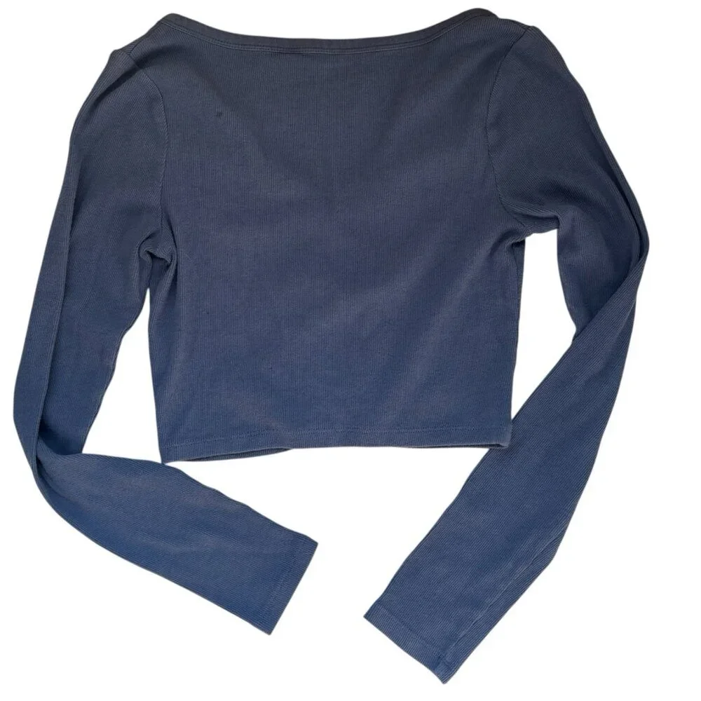 Y2K PAC Sun Blue Ribbed Snap Button Long Sleeve Crop Top Henley Shirt Sz Small
